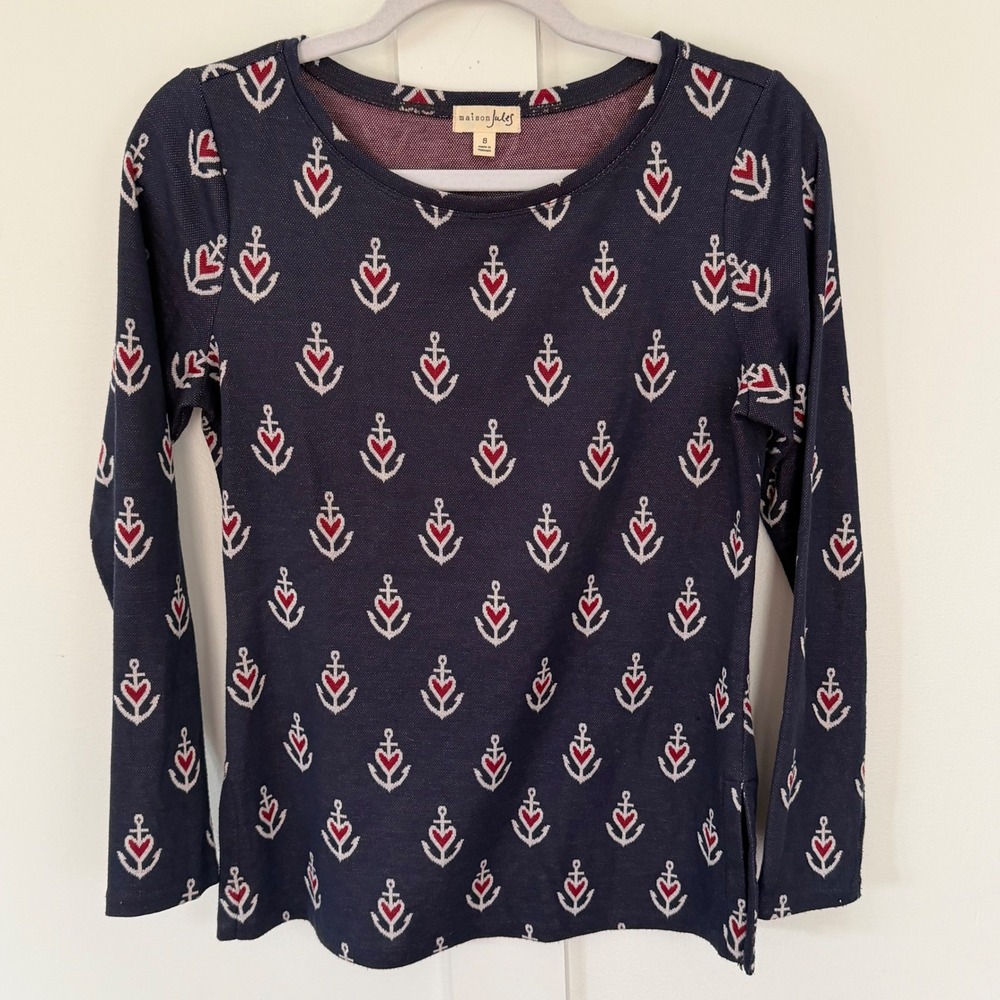 Maison Jules‎ Women's Blue Long Sleeve Top Anchors Coastal Nautical Hearts Small